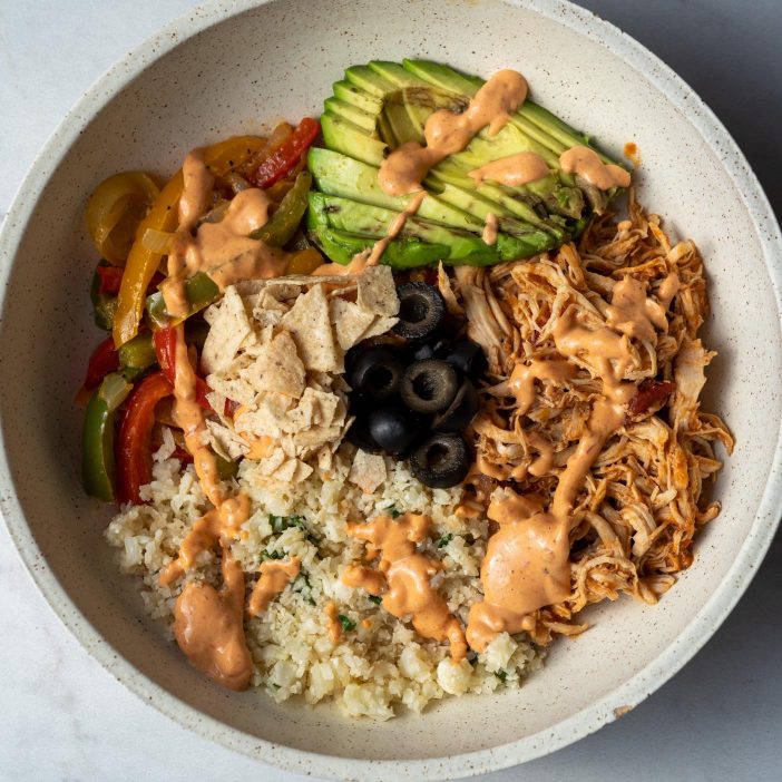 Paleo Chicken Burrito Bowl with a Chipotle Crema Sauce - Paleoish