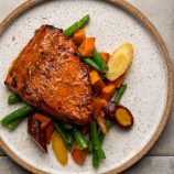 salmon and vegetables on a plate